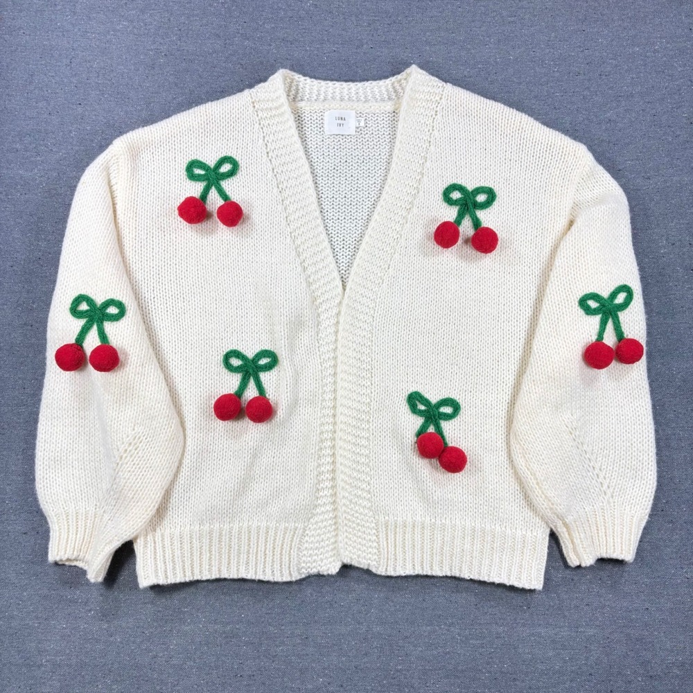 Luna Ivy Cardigan Sweater Womens Small Cream Cherry Pom Pom 3D Knit CC0635